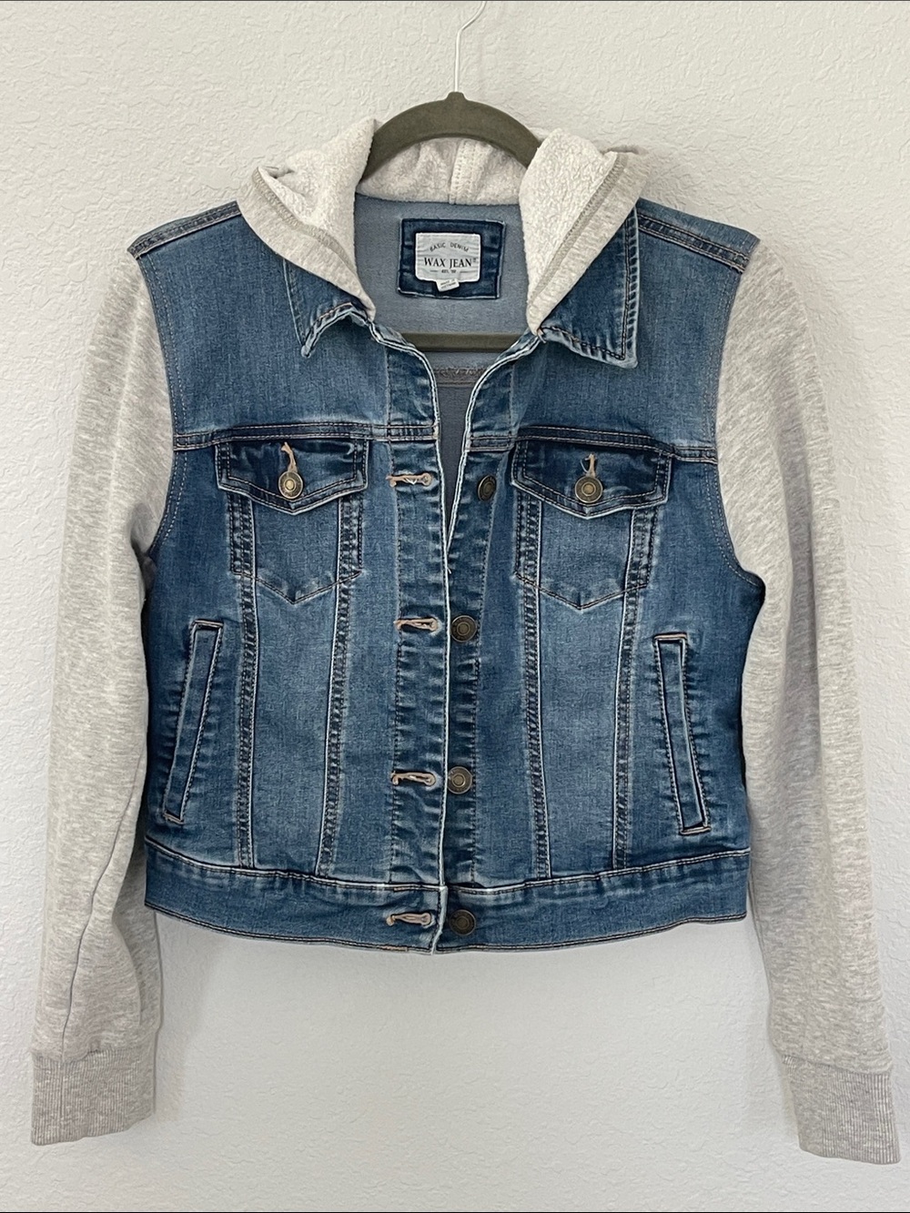 Wax Jean Denim Jacket Womens S Gray Hoodie Sweatshirt Sleeve Stretch Blue